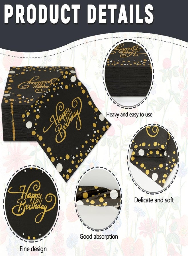 Resflyar 80 PCS Happy Birthday Paper Napkins, 2 Ply Premium Quality Cocktail Napkins, 13×13 Inch Soft and Absorbent Disposable Hand Towels Napkins for Birthday Party Supplies, Black and Gold - Image 3